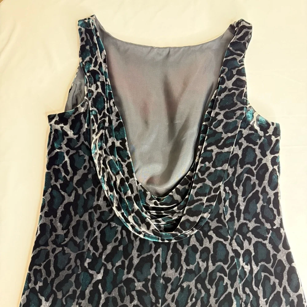 Vintage Opera at Richards Blue Animal Print Velvet Maxi Plunge Dress Size 16 UK